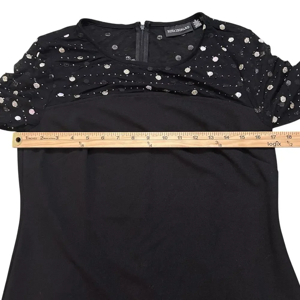 Nina Leonard Sz S Dress Black Crepe Midi Beaded Sheer Short Sleeve Round Neck - Picture 11 of 14